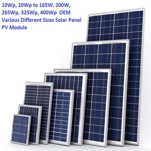 10Wp, 20Wp to 165W, 200W, 265Wp, 325Wp, 400Wp  OEM Various Different Sizes Solar Panel PV Module